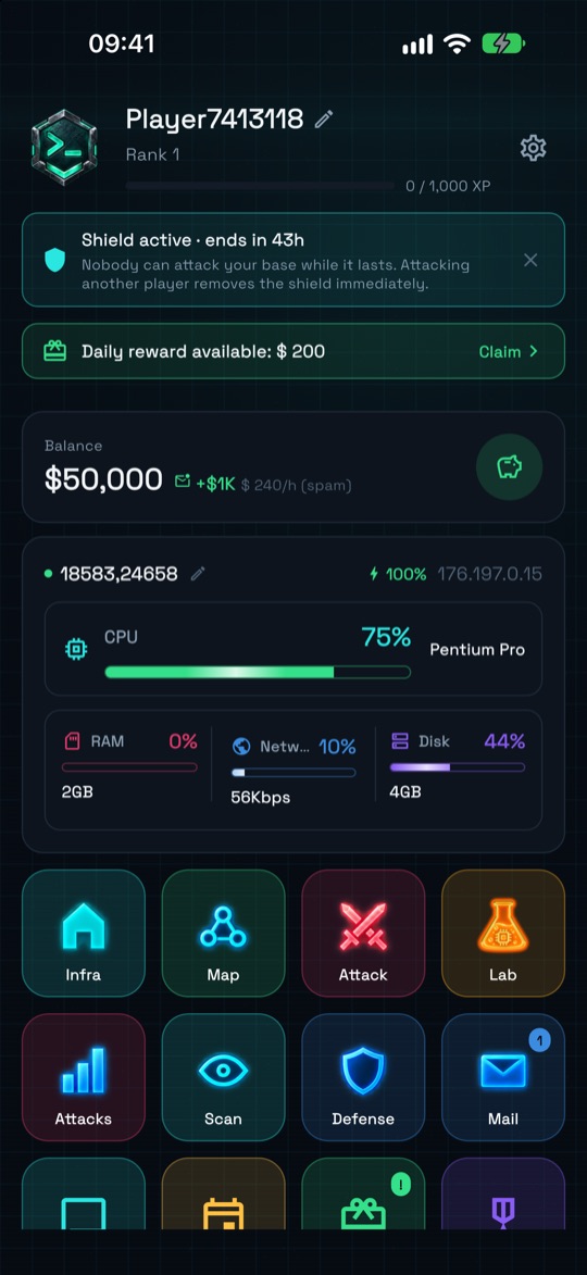 App home screen with balance, CPU, RAM, network, disk and the Infra, Map, Attack and Lab shortcuts.