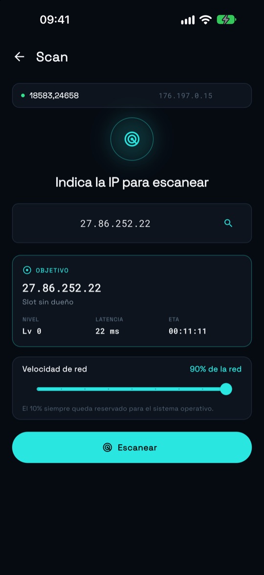 Pantalla de Scan con la IP del objetivo, nivel, latencia, ETA y velocidad de red.