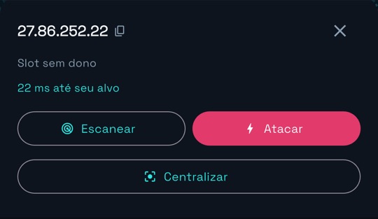 Ficha de um slot no mapa com os botões Escanear, Atacar e Centralizar.
