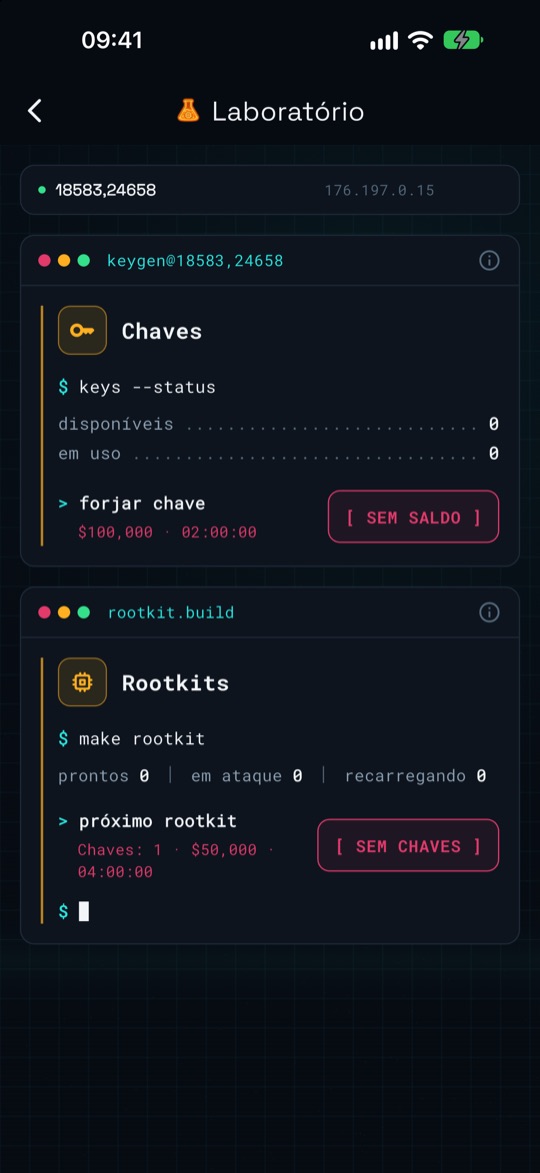 Laboratório com os painéis Chaves e Rootkits, mostrando chaves disponíveis, em uso e o botão de forjar.