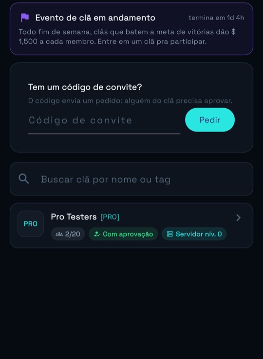 Tela de Clã com busca, código de convite e a lista de clãs com o nível do servidor.